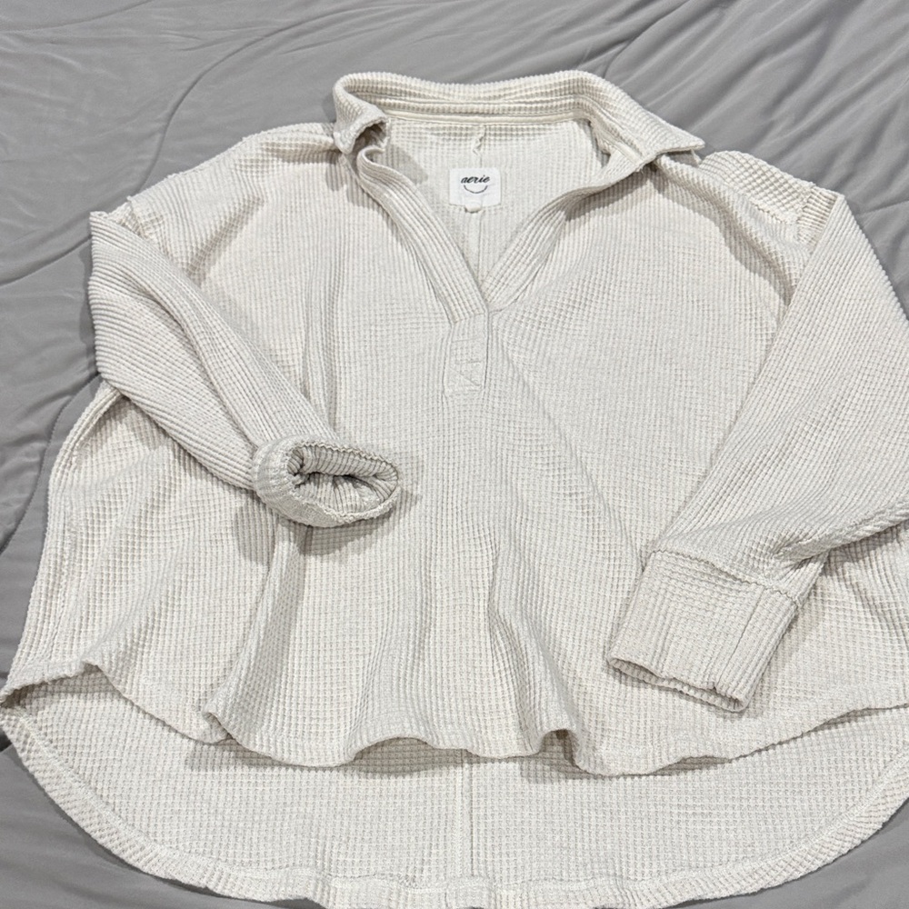 aerie Cream Waffle Knit Split V-Neck Pullover